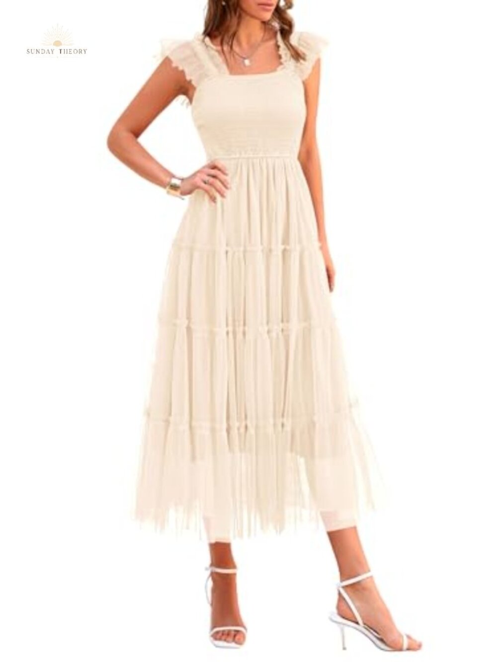 Smocked Midi Tulle Dress Sleeveless Square Neck A-Line Summer